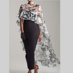 Elegant Blk/White Ruffled Shawl w/Train Your Choice Short  Elbow or Opera Gloves